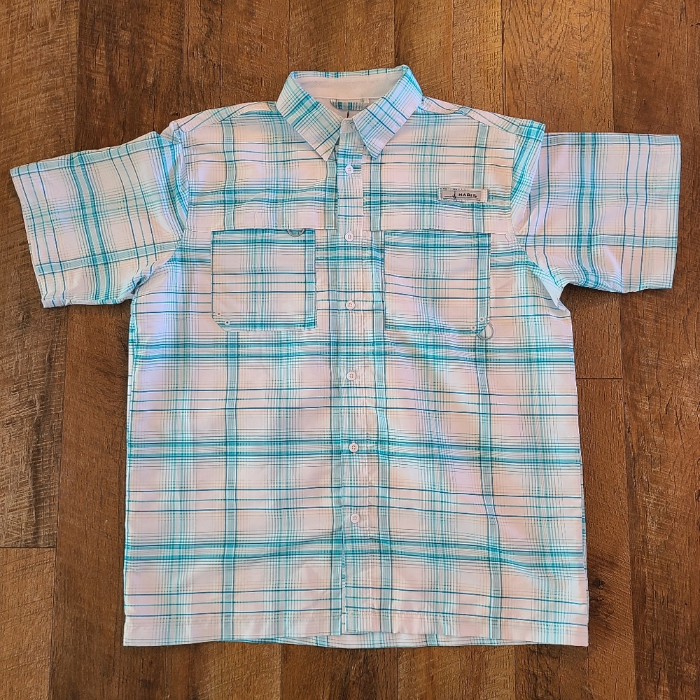HABIT Men's Size Large Button Up Short Sleeve Shirt Fishing Vented Green White